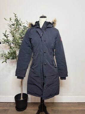 Canada Goose Navy Hooded Long Puffer Coat with Fur Trim